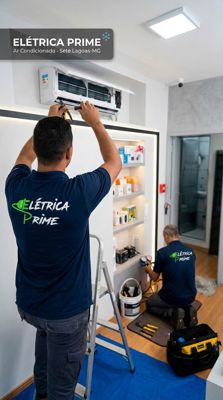 Equipe da Elétrica Prime realizando higienização de ar condicionado split em Sete Lagoas-MG